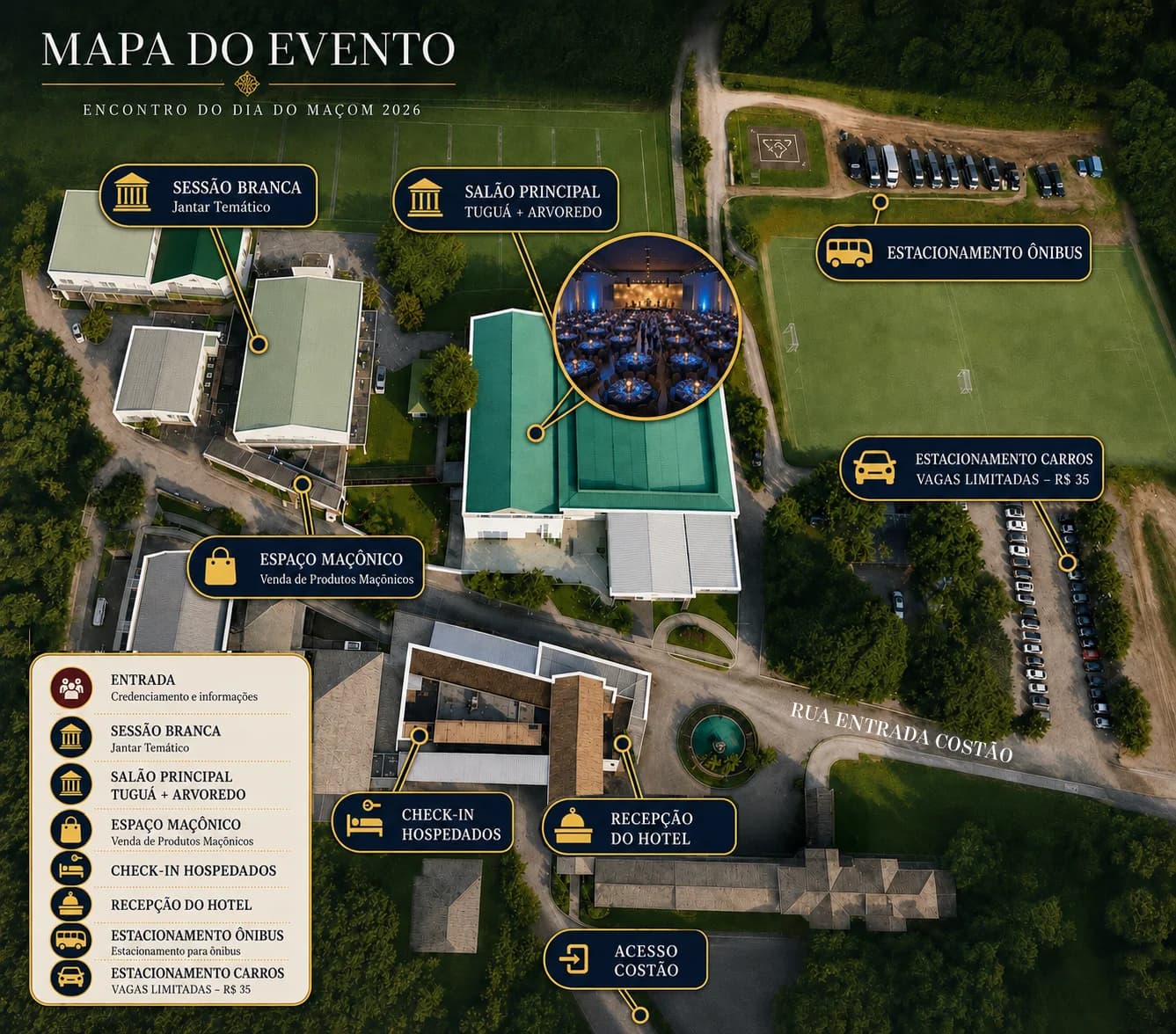Mapa aéreo do Costão do Santinho com as áreas do Encontro: sessão branca, salão principal, espaço maçônico, check-in, recepção e os estacionamentos de carros e ônibus.